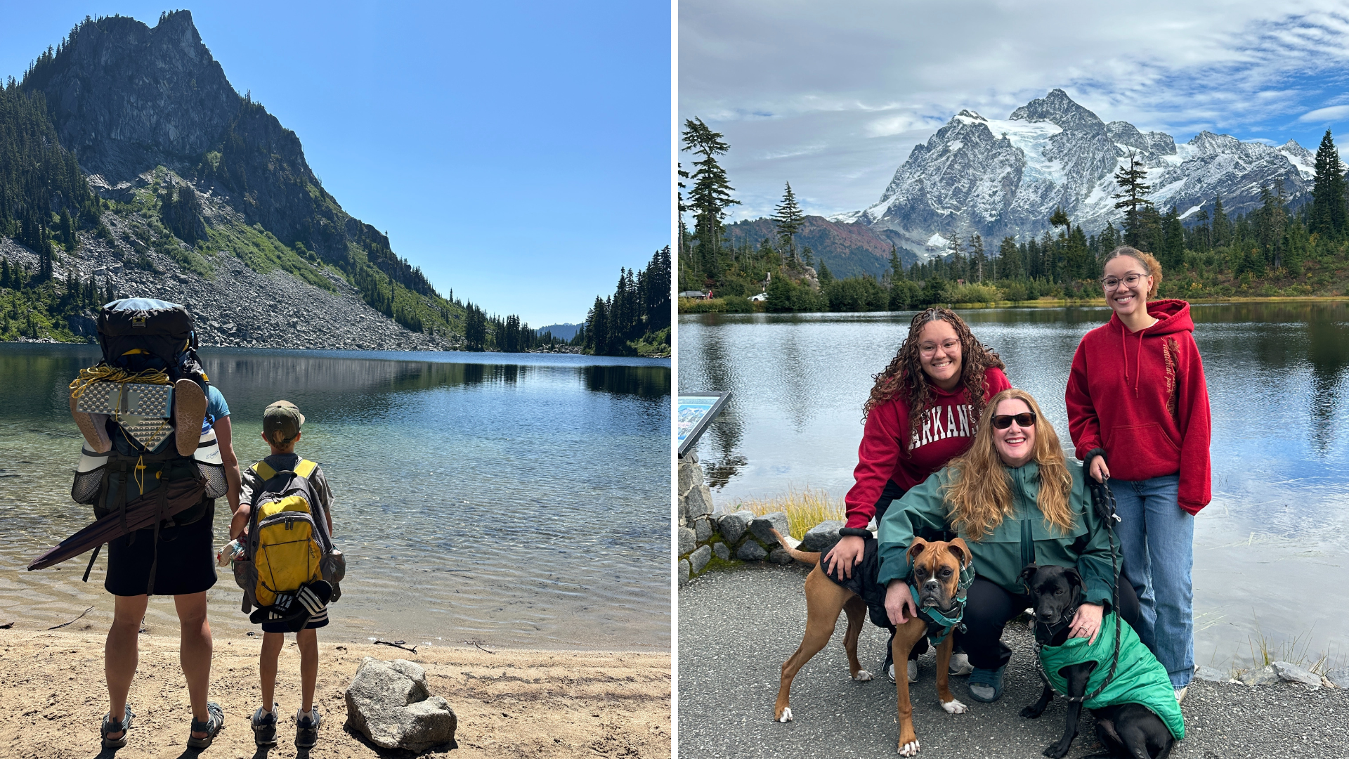 Two photos of families posing lakeside. Photo at left of mother and young kid wearing backpacks. Photo at right of mother with two teens and two dogs.