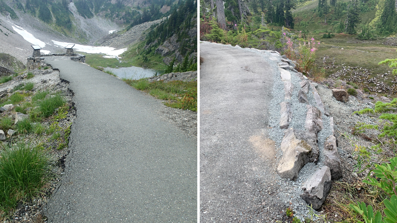 Paved trail eroding at the edges at left; paved trail reinforced with bricks at right. 