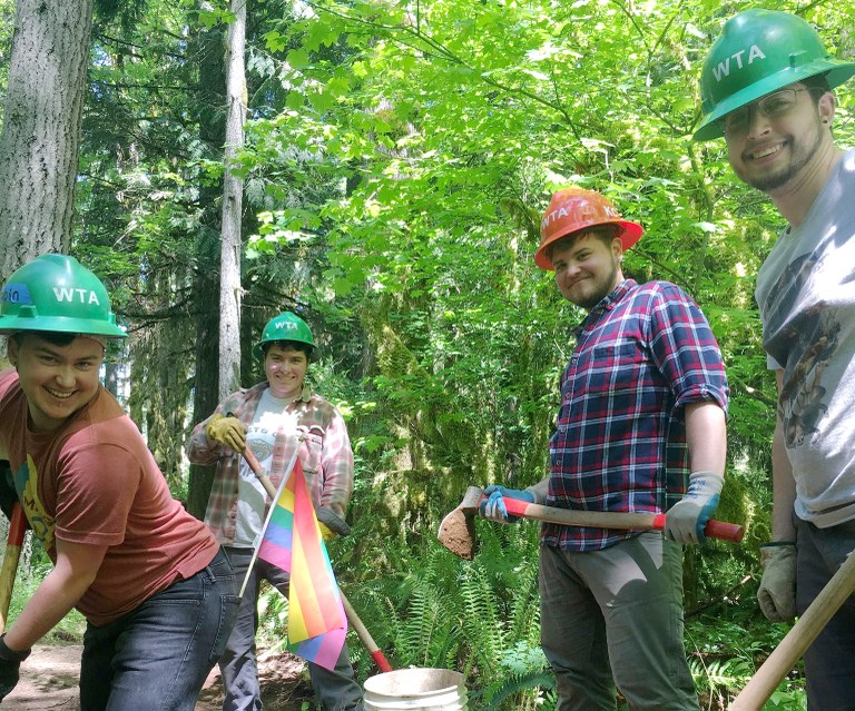 smiling volunteers from WTA's first LGBTQ work party 