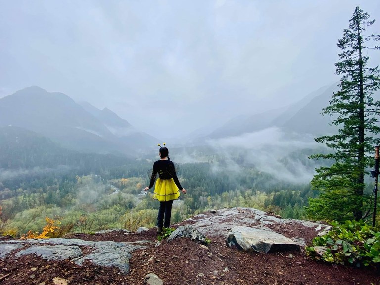 A hiker in a bee costume looks out at a misty valley.