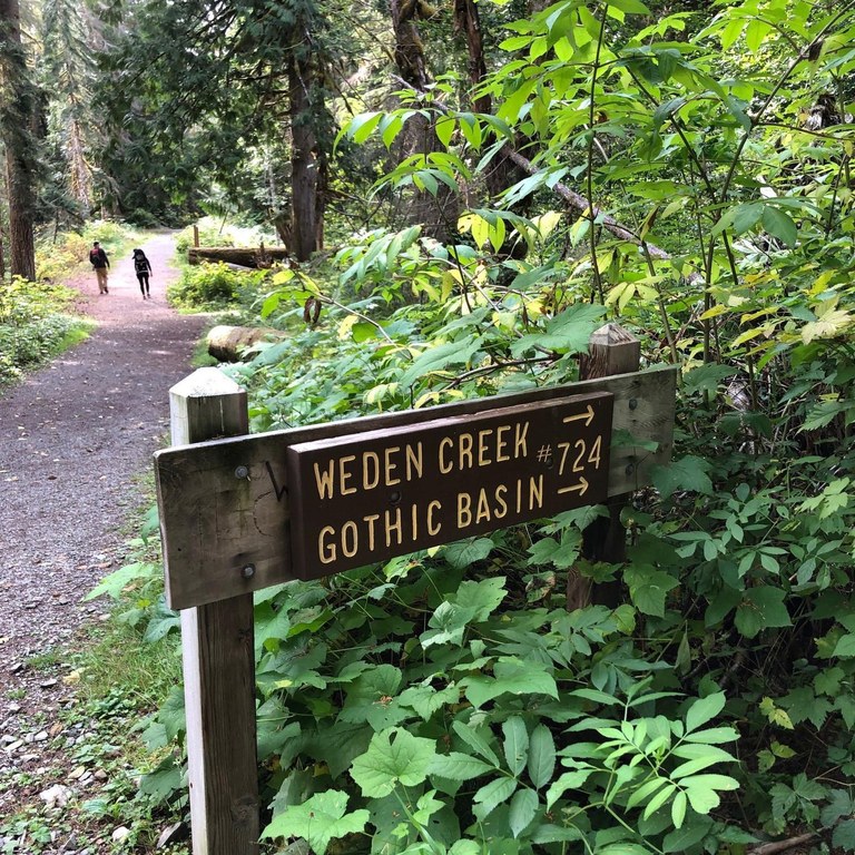 Hikers head down the trail to Monte Cristo, passing the turnoff to Gothic Basin. Photo by doristheexplorist.