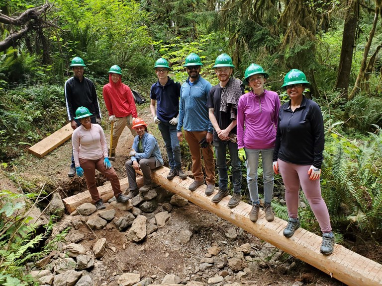 Group photo. Photo by Mike Bellis. Group photo of a day trail work crew at Baker Lake. Photo by Mike Bellis.