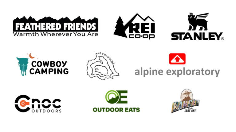 Logos from Feathered Friends, REI, Stanley, Cowboy Camping, 48 Contours, Alpine Exploratory, CNOC Outdoors, Outdoor Eats and Ranger Doug's Enterprises.