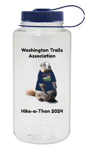 1-liter Nalgene water bottle with Miles the Marmot and WTA Hike-a-Thon 2024 text printed. 