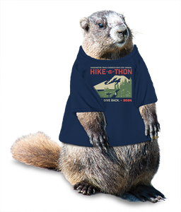 Miles the Marmot, WTA Hike-a-Thon mascot, wearing a 2024 Hike-a-Thon t-shirt.