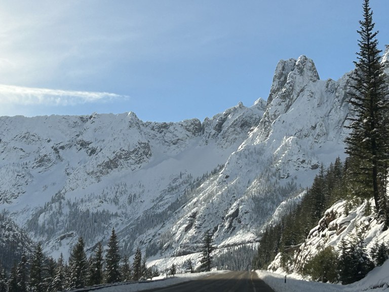 Highway 20. Photo courtesy of the Washington State Department of Transportation. Snowy peaks alongside Highway 20, the North Cascades Highway. Photo courtesy of the Washington State Department of Transportation, WSDOT.