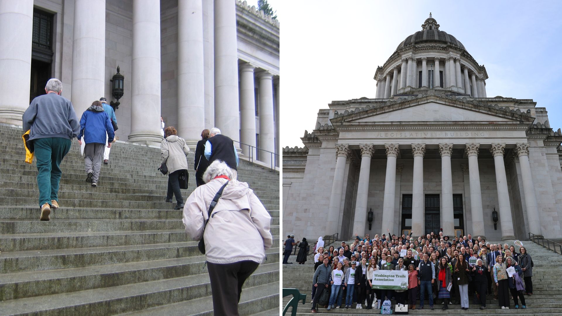 Side by side photos: small group walking up capitol steps at left; large group photo in front of capitol at right