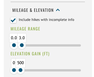 Hiking Guide filters An images show how to use filters on the WTA Hiking Guide to select a low-mileage, low elevation gain hike.