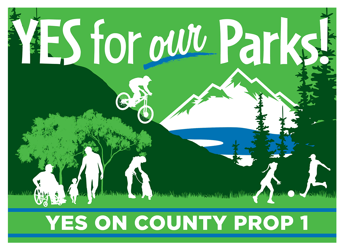 Yes for Our Parks Graphic showing silhouttes of people enjoying different outdoor activities with the words "YES for our Parks!"