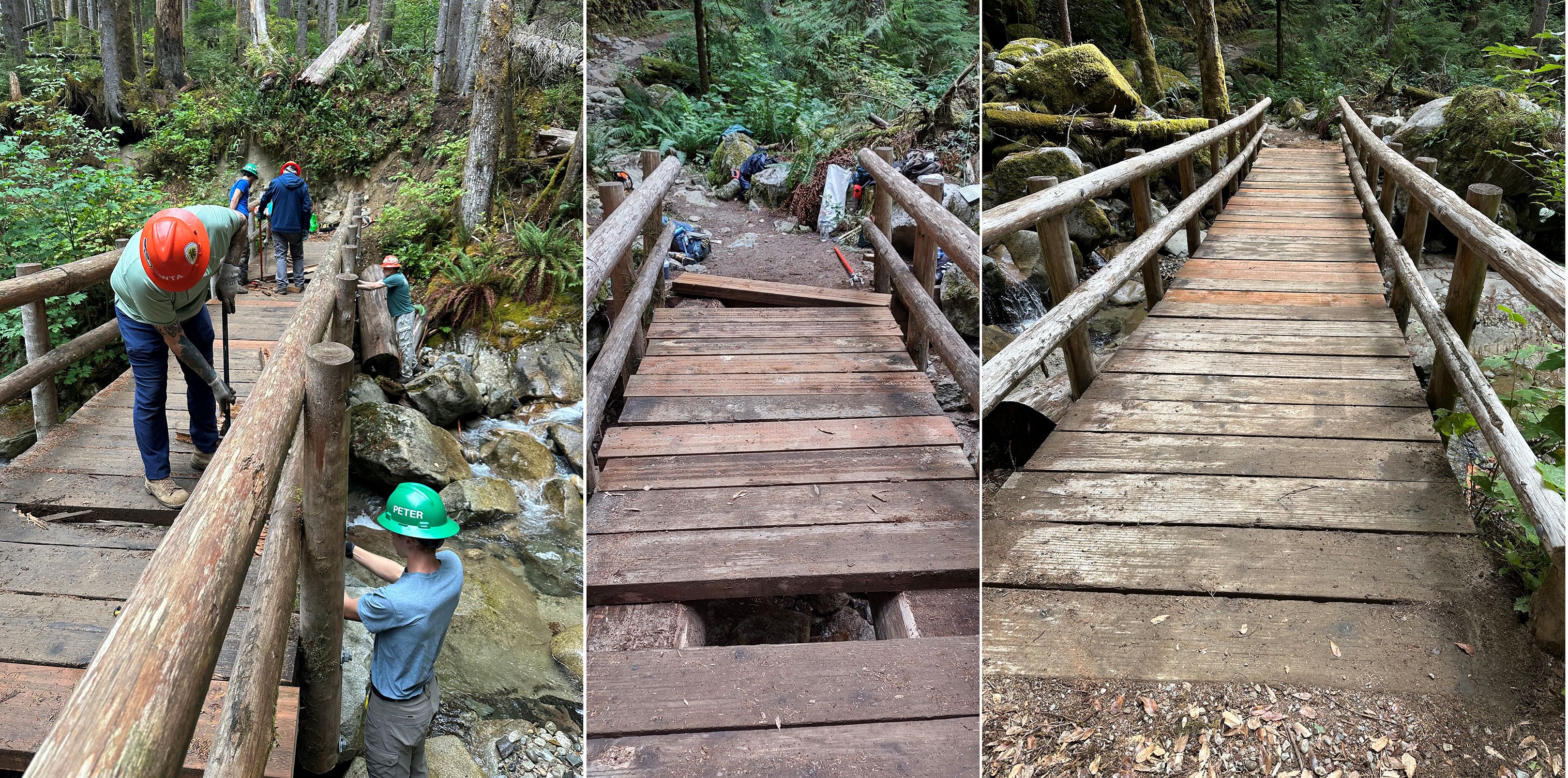 Before, during and after trail work volunteers work on the Rainy Creek Bridge after a horse fell through it. Photos by Emily Snyder. 