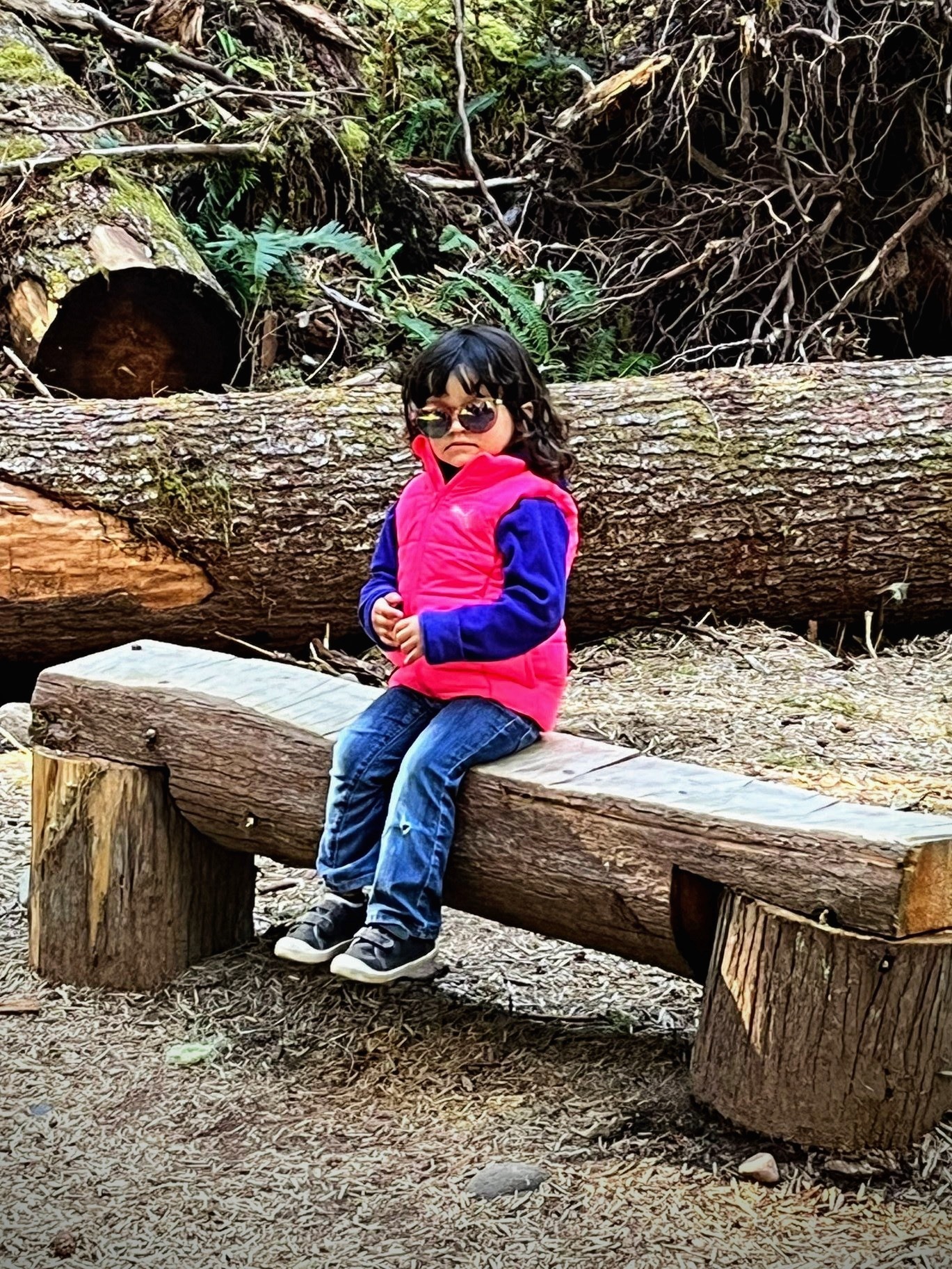 Child wearing sunglasses sits on log 