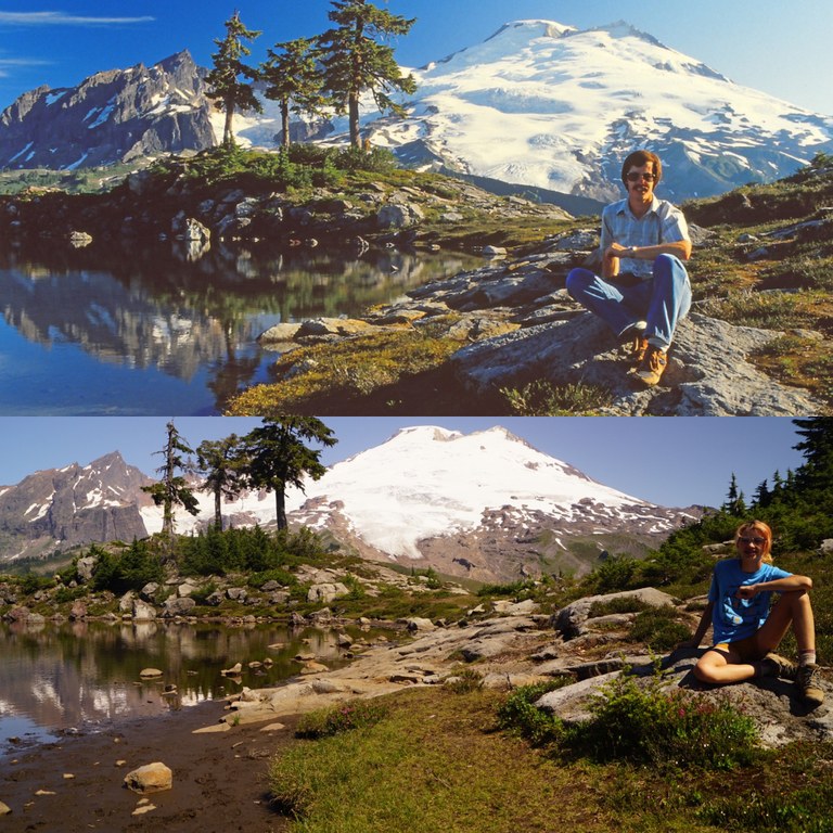 photo by Jaclyn Martin A two part photo, one showing an adult man and one a teenager at the same lake, several decades apart.