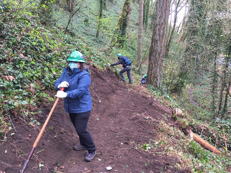Trail work volunteer, wearing a green hard hat and a face mask and holding a rake stands on a section of freshly improved trail. 