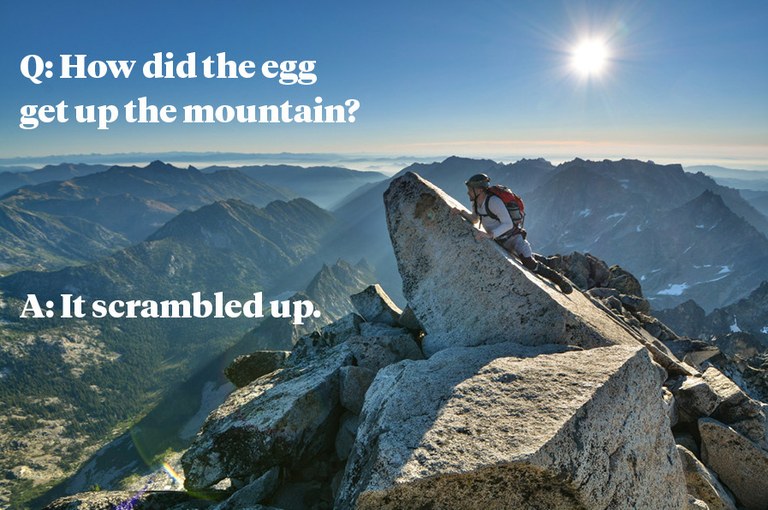 Q: How did the egg get up the mountain? A: It scrambled up Q: How did the egg get up the mountain? A: It scrambled up