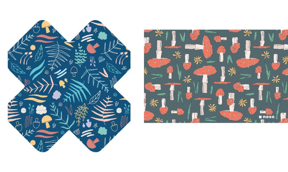 Noso patches. Graphic designs of mushrooms, ferns and snails by Katie George