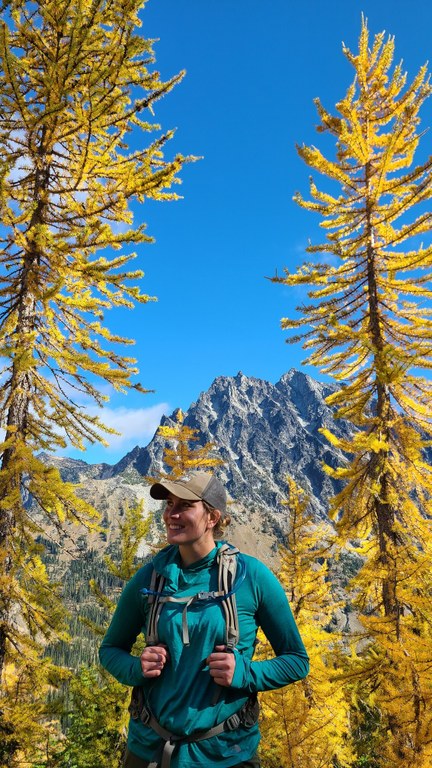 A smiling hikers poses for a photo, framed by glowing yellow larches with jagged peaks and a blue sky in the background. 