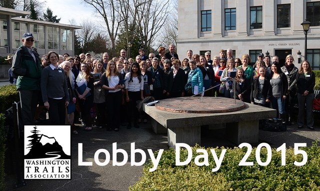 The hiker advocates gathered at Olympia's sundial in front of the capitol building before meeting with legislators.