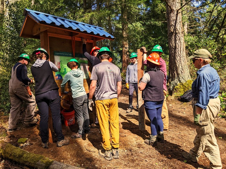 WTA trail crew members erecting a bulletin board at the trailhead of the Loganberry Lane trailhead. Photo by Simon Krane.