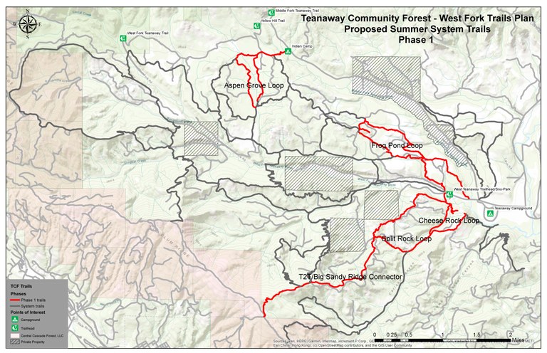 A map of the West Fork of the Teanaway. Several trails shown in red are where WTA will work first.