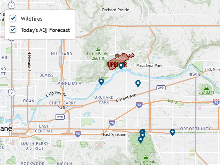 The wildfire and AQI forecast layers on the Hike Finder Map. 