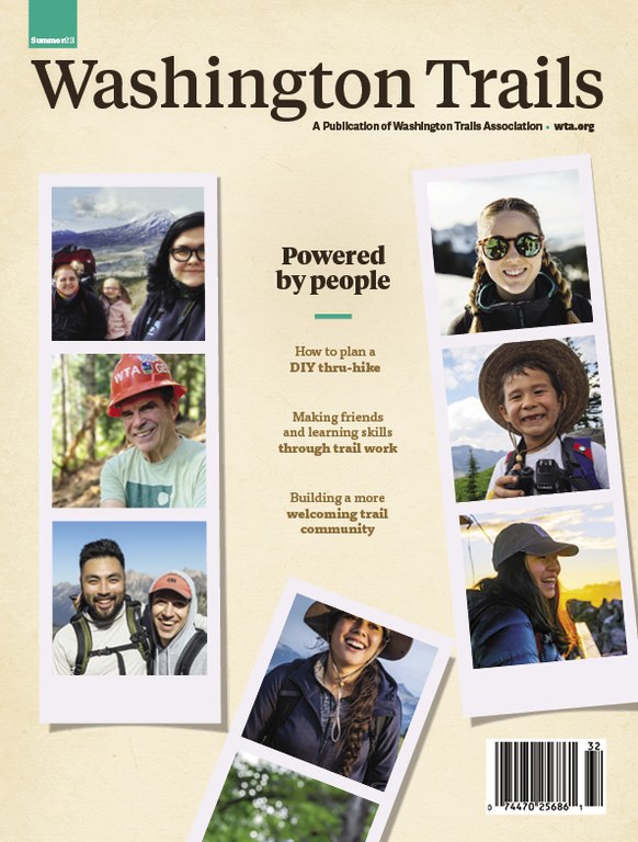 Washington Trails magazine cover, featuring photos of people's faces and the words "Powered by people"