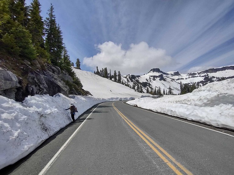A person stands next to a snowbank taller than them on the side of the Mount Baker Highway to Artist Point, cleared from snow. Photo by trip reporter ToddlerTrekking.