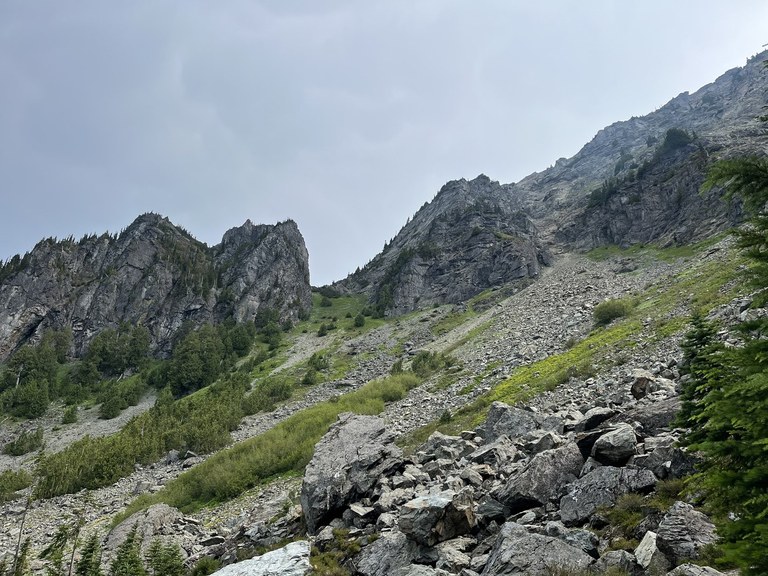 Mount Pugh forms an impressive ridge line with the cloudy backdrop.
