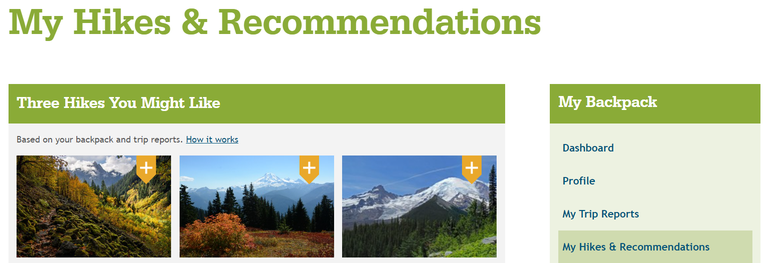 Hike recommender feature on the My Hikes and Recommendations page from My Backpack.