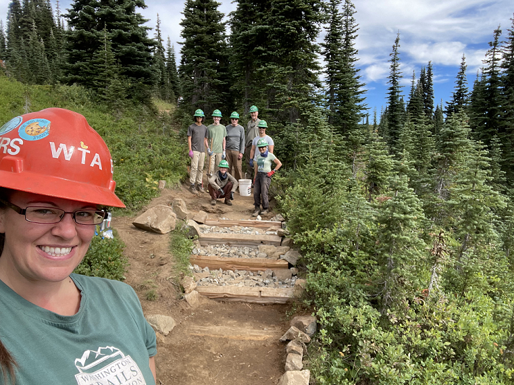Taking a selfie at a day work party on trail at Naches Peak Loop. Photo by Elizabeth Storm.