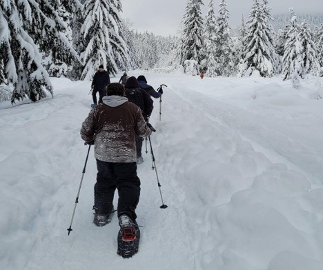 Normandy Christian Church Youth walk through snow while wearing snowshoes. Trees covered with snow are at the edges of the image.