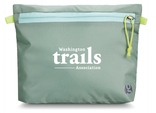A small green bag with a light blue zipper with the Washington Trails Association logo printed in white on the front.
