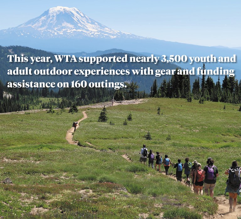 Outdoor Leadership Training by Wild Grief WTA supported nearly 3,500 youth and adult outdoor experiences with gear and funding assistance on 160 outings.