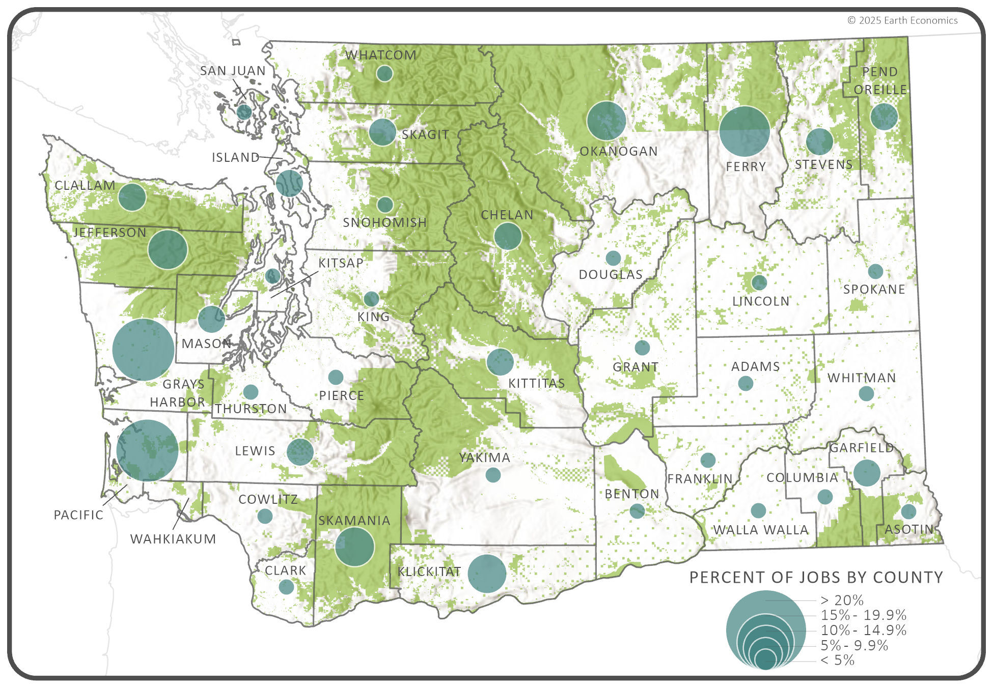Map of Washington state with circles in each county to represent different percentage ranges