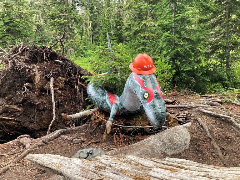 Pratt Lake Basin BCRT. Photo by Simon Lie. An inflatable dinosaur wearing an orange ACL hat and a pair of work gloves on a backcountry response team work party at Pratt Lake Basin. Photo by Simon Lie.