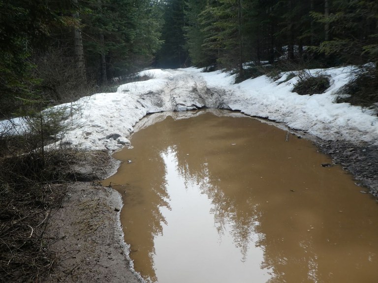 A muddy puddle as wide as the road before a snow-covered road with tire tracks. 