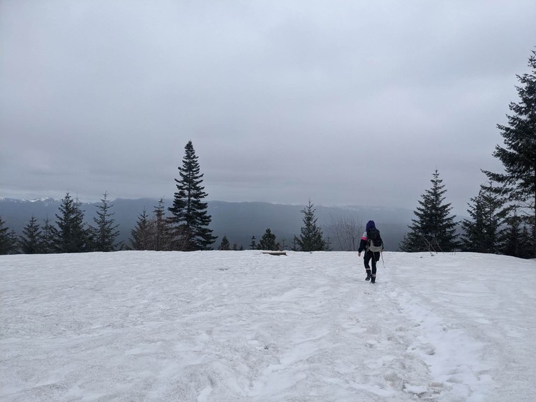 Hiker walking on the snow at the top of a ridge on a cloudy day near Roslyn Urban Forest. Photo by tiffanyc.