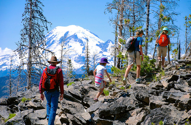 Family hiking on Round Mountain. Photo by Rachel Emmans. 