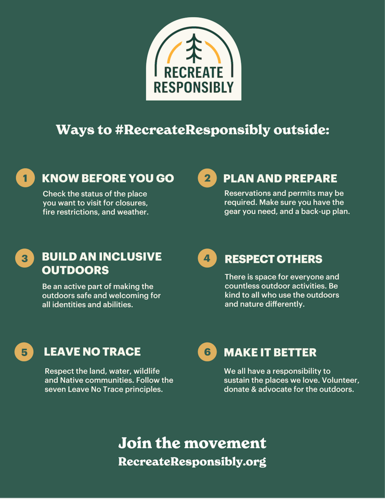 Six updated tips to help you recreate responsibly. •	Know before you go. Check the status of the place you want to visit for closures, fire restrictions, and weather.  •	Plan and prepare. Reservations and permits may be required. Make sure you have the gear you need and a back-up plan.  •	Build an inclusive outdoors.  Be an active part of making the outdoors safe and welcoming for all identities and abilities.  •	Respect others. There is space for everyone outdoors. Be kind to all who use the outdoors differently.  •	Leave no trace.  Respect the land, water, wildlife, and Native communities. Follow the seven Leave No Trace principles. •	Make it better. We all have a responsibility to sustain the places we love. Volunteer, donate, and advocate for the outdoors.