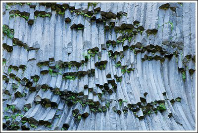 Dark gray rock formed in hexagonal columns rises in slight curves. 