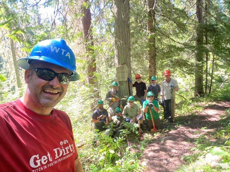 BCRT trail crew posing for a group selfie at Salmo Basin. Photo by Todd Dunfield.