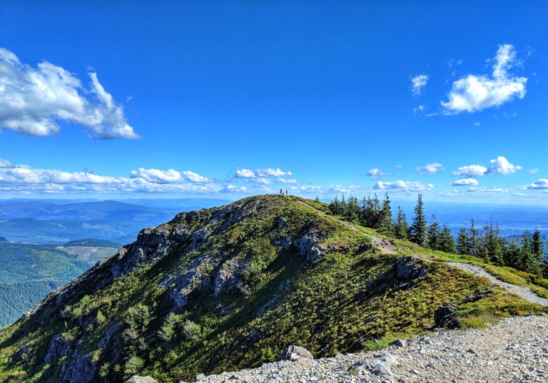 Silver Star Mountain. Photo by Arisa Nogler. A trail leads to a mountain summit with overlooking a forested valley far below.