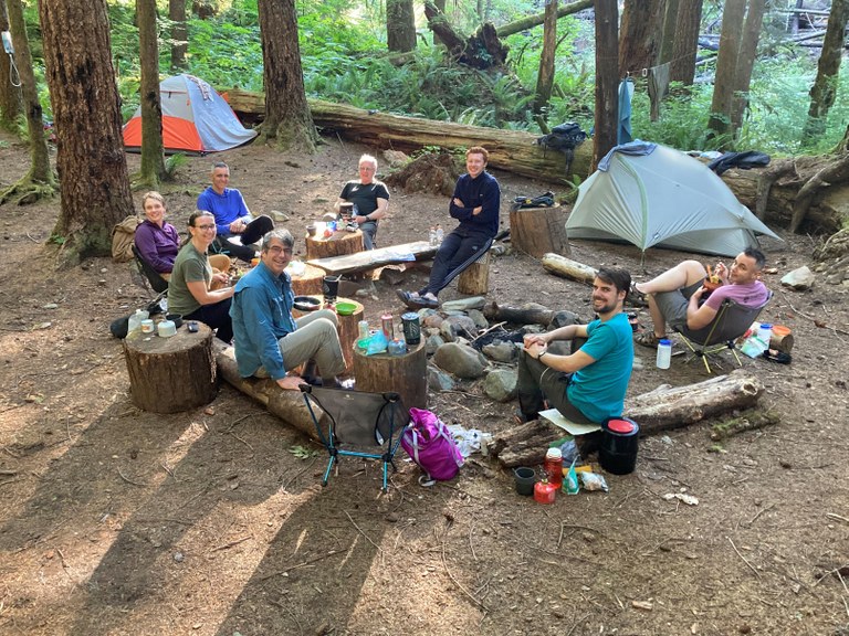 Siouxon Creek BCRT. Photo by Yoshiko Chomon. Crew hanging out at camp on a backcountry response team work party on the Siouxon Creek trail. Photo by Yoshiko Chomon.