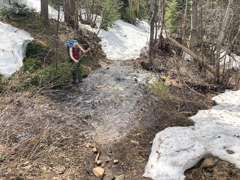 A hiker navigates around a frozen stream running across a snowy trail. Photo by charlie_q. 
