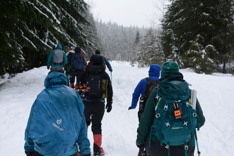The back of several snowshoers on a snowy day. Photo by Charlie Wakenshaw.