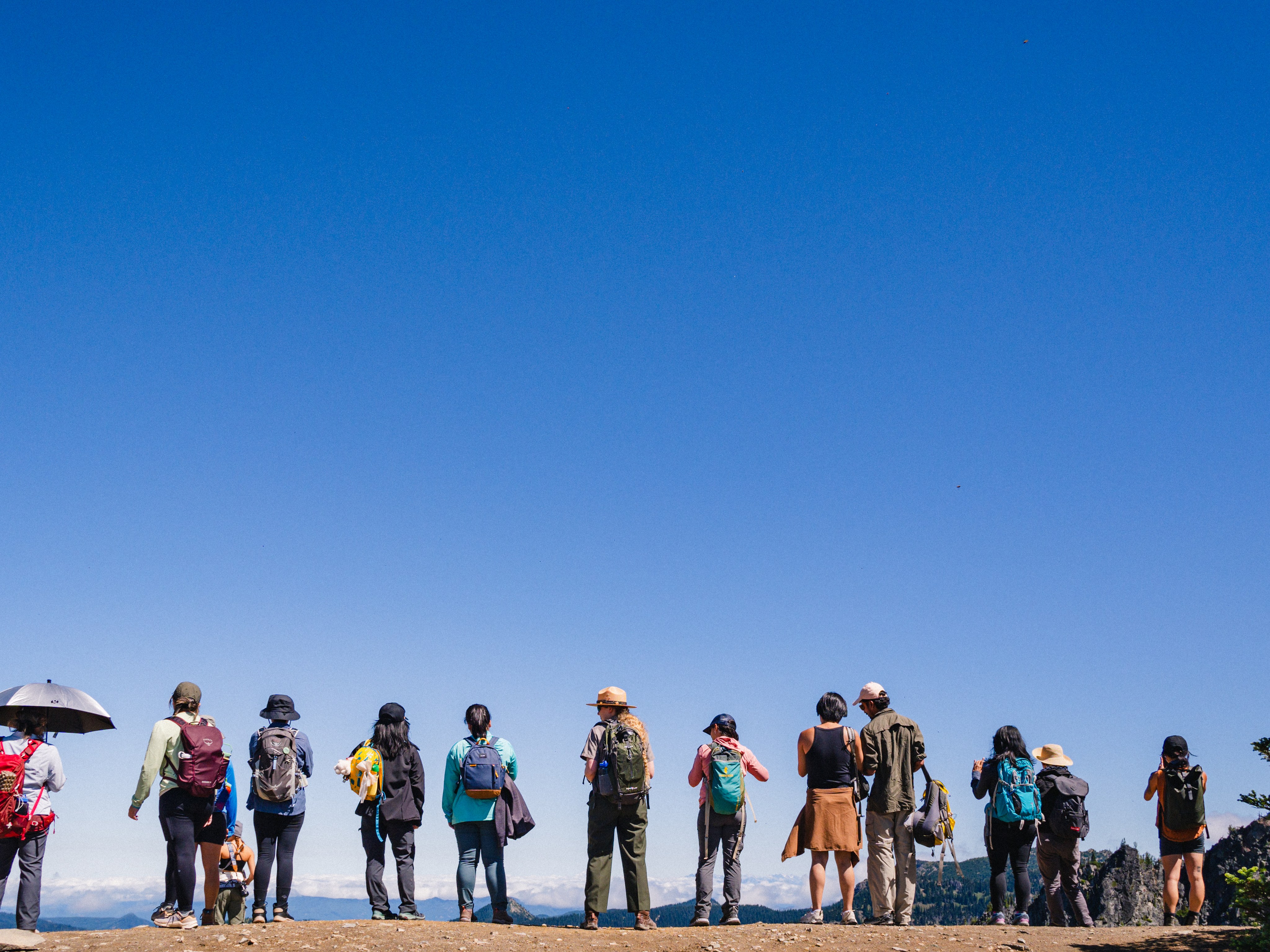 A bright blue sky behind them, a group of a dozen people stand on a ridge, enjoying the view