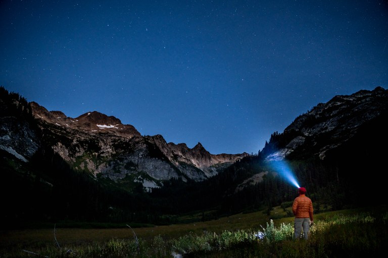 A person stands with a headlamp illuminating a dark meadow.