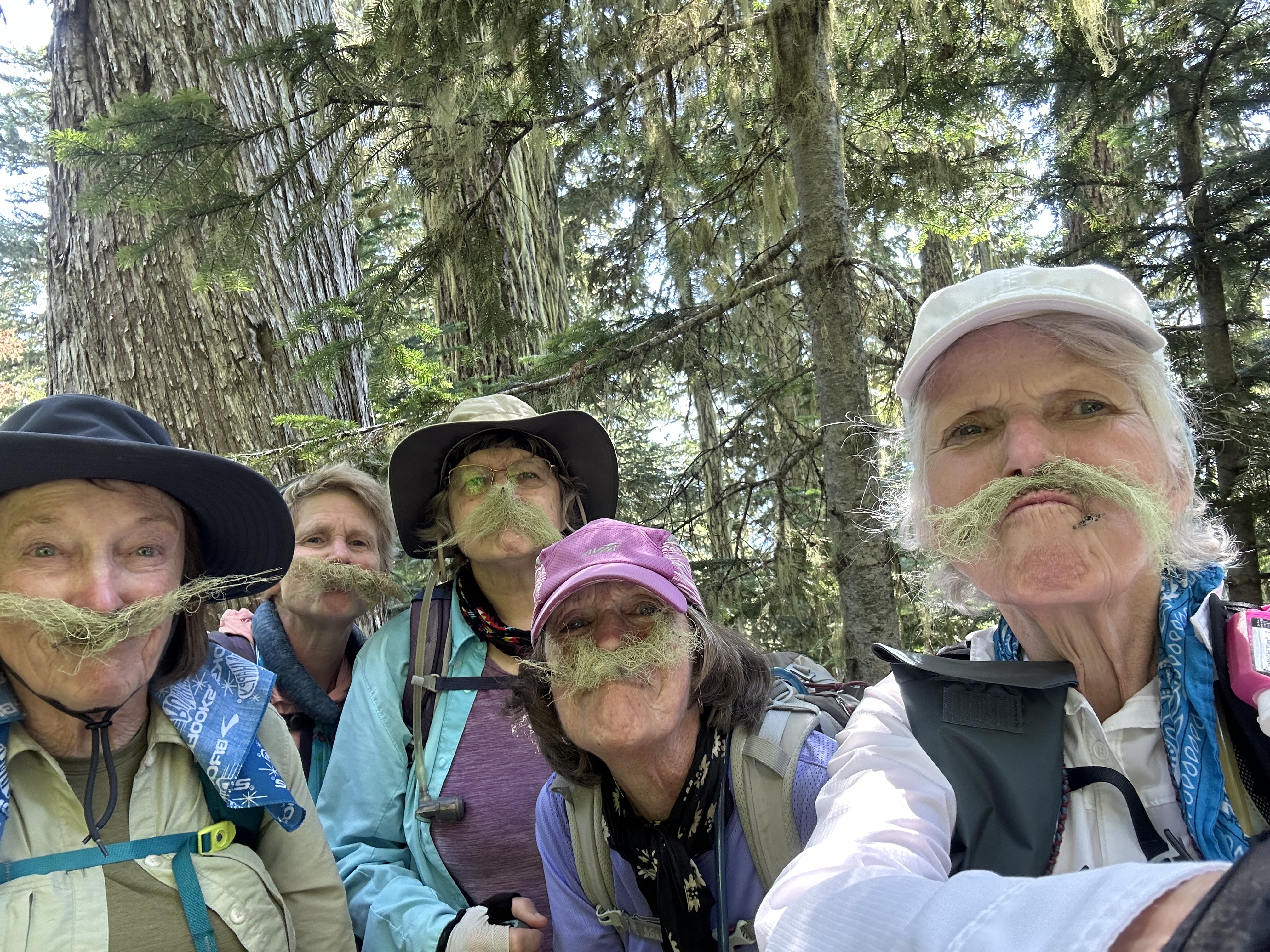 A group of older hiking friends pose with mustaches made from lichen