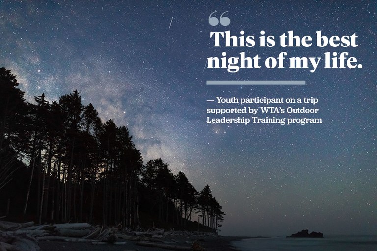 "This is the best night of my life." Photo by Gabe Purpur. Starry sky on the Olympic coast with quote text: "This is the best night of my life." Photo by Gabe Purpur.