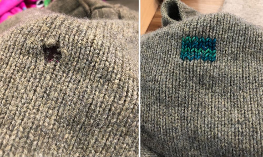 Before and after of sweater hole fix by Jessi Loerch
