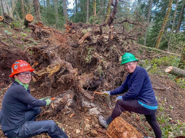 Two people work on removing a root ball on the East Side trail